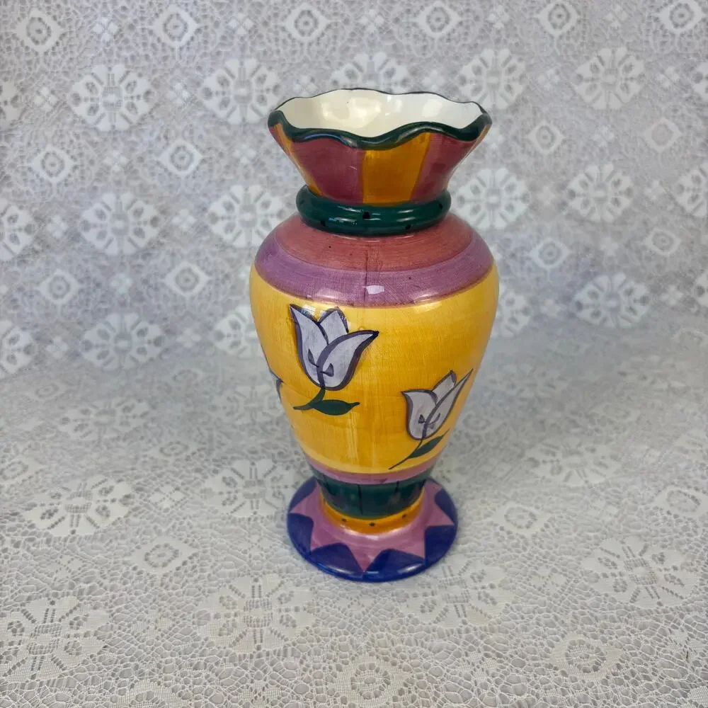Vintage Hand Painted Ceramic Vase Colorful Tulip Floral Scalloped Rim 8